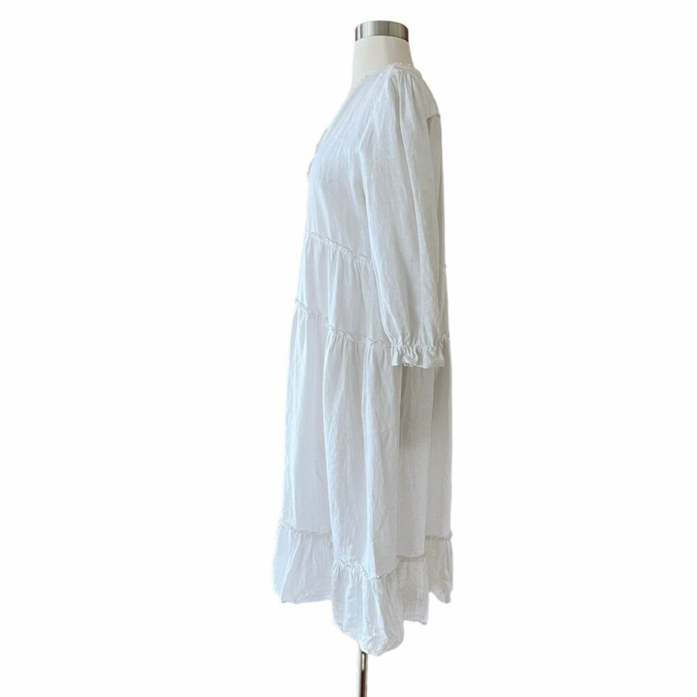 CLAUDE TULUM Natural Dress Tiered Cotton V-Neck Flounce 3/4 Sleeves White Medium - Picture 11 of 15